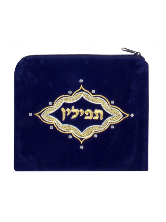 Sac Tefillin en velours bleu foncé brodé... | Sacs et supports de téfilines