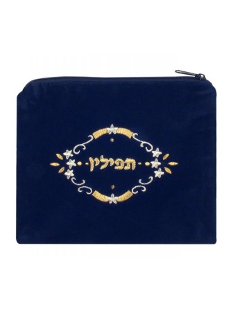 Sac Tefillin en velours bleu foncé brodé... | Sacs et supports de téfilines