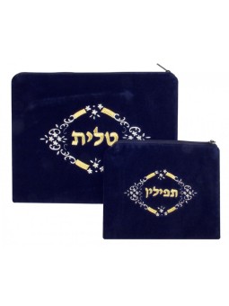 Sacs en velours bleu foncé Talit Tefillin blanc... | Sacs Talit et Téfilines