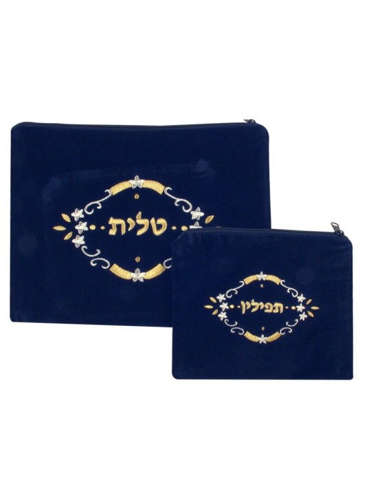 Les sacs Tefillin Talit en velours bleu foncé fleurissent... | Sacs Talit et Téfilines