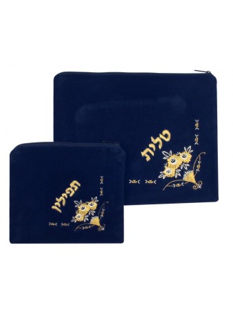 Sacs en velours bleu foncé Talit Tefillin Flowere... | Sacs Talit et Téfilines