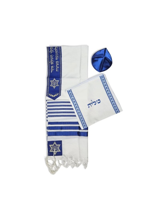 Ensemble de talit en acrylique Ateret à rayures bleues sur fond blanc... | Talits modernes