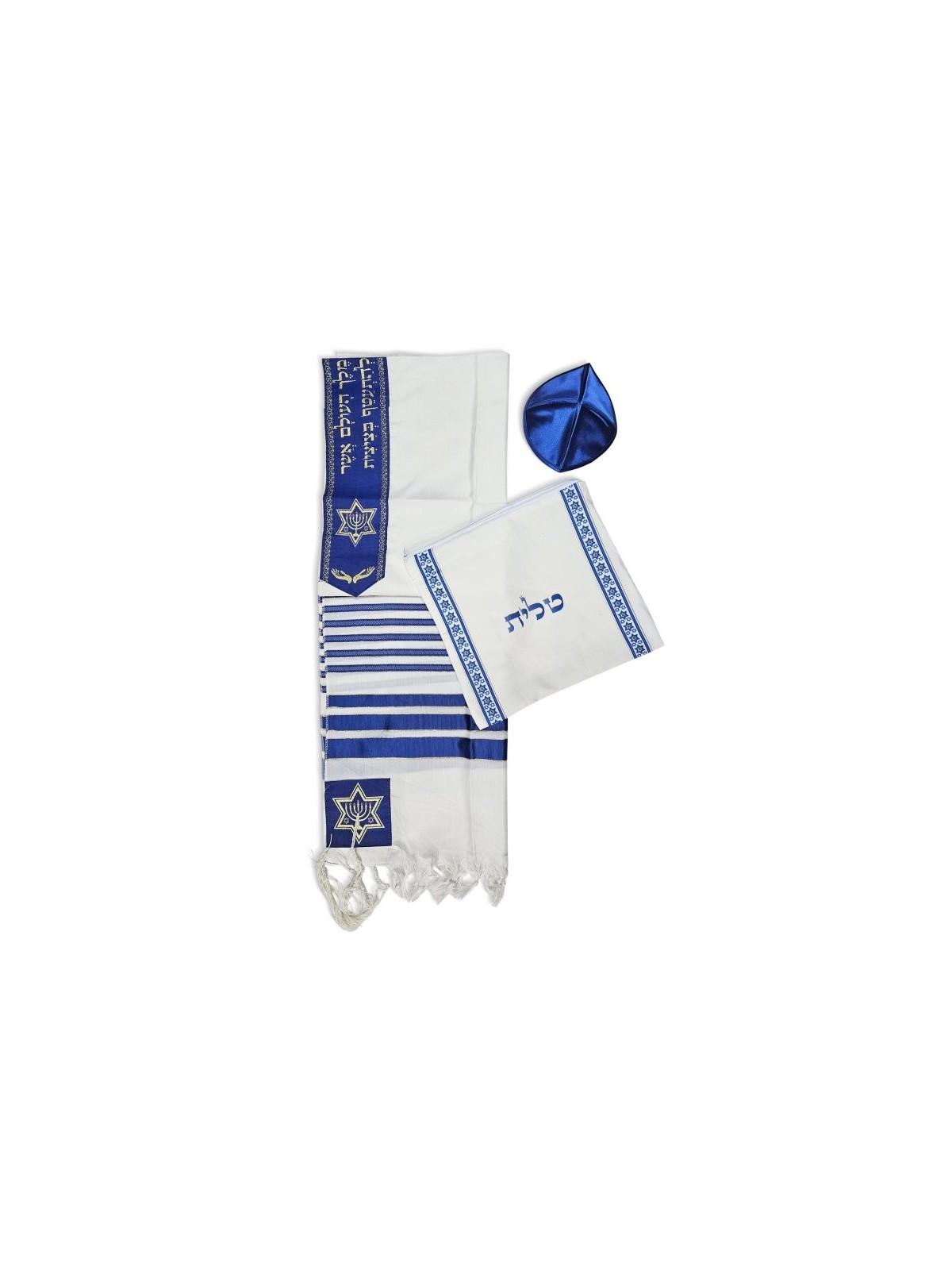 Ensemble de talit en acrylique Ateret à rayures bleues sur fond blanc... | Talits modernes