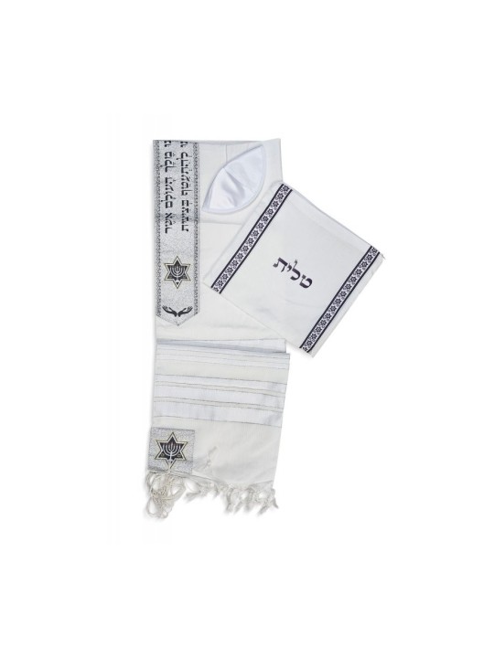 Ateret Ensemble de Talit en Acrylique Rayures Blanches et Argent... | Talits modernes