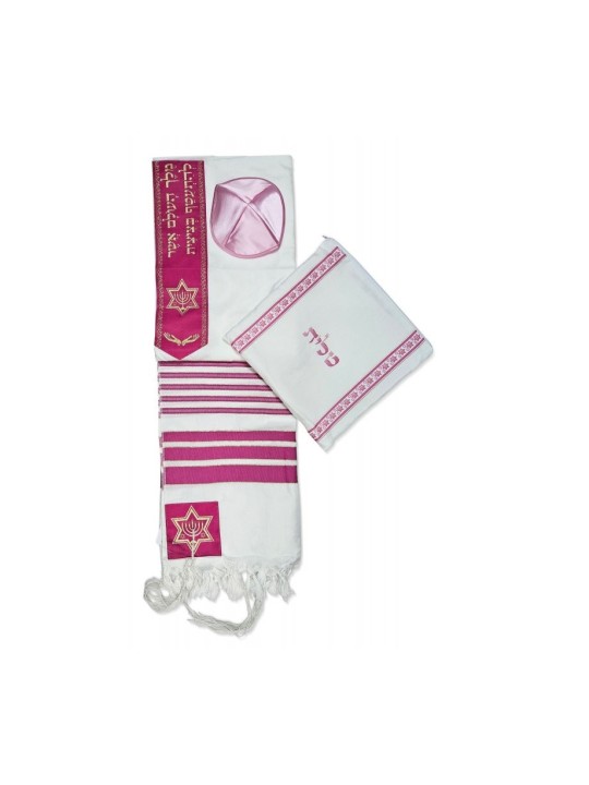 Ensemble de talit en acrylique Ateret à rayures roses... | Châle de prière Talit pour femmes