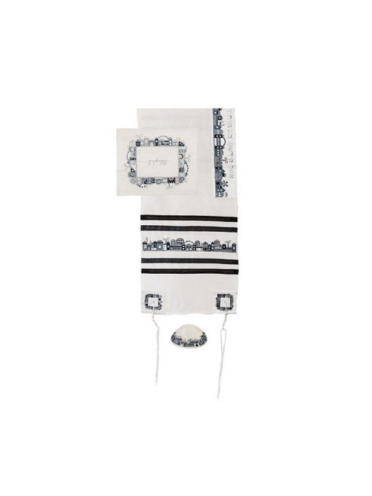 Ensemble de talit en polysoie blanc Yair Emanuel Em... | Cadeau juif d'Israël