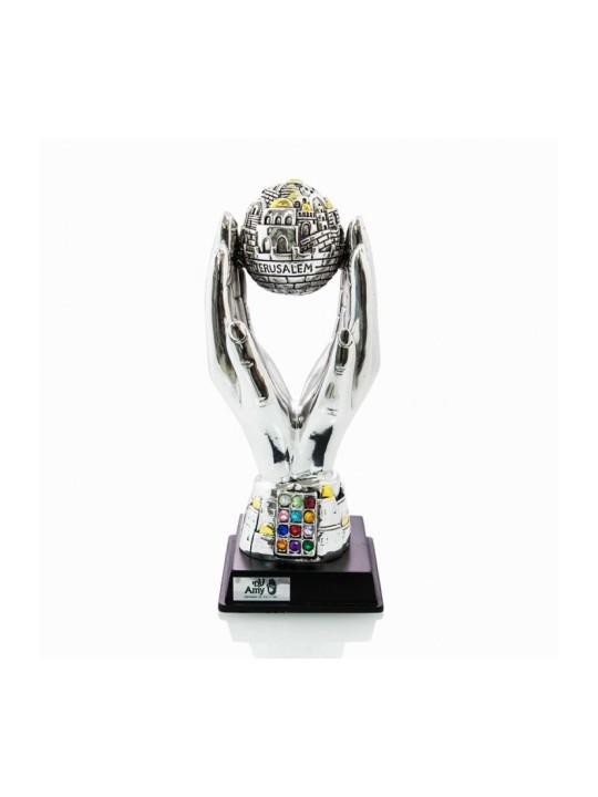 Hands Holding Jerusalem Globe on Wood Base Silver Plate... | Figurines
