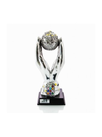 Hands Holding Jerusalem Globe on Wood Base Silver Plate... | Figurines