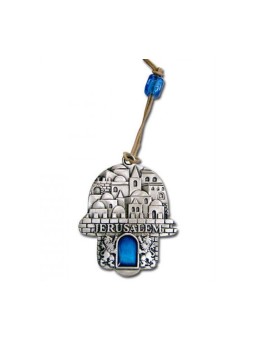 Hamsa de Jérusalem avec pierre bleue 2 en stock | Hamsa en métal