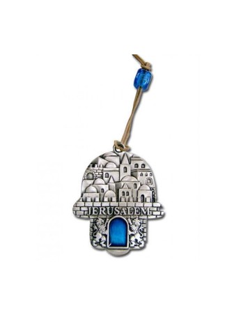 Hamsa de Jérusalem avec pierre bleue 2 en stock | Hamsa en métal