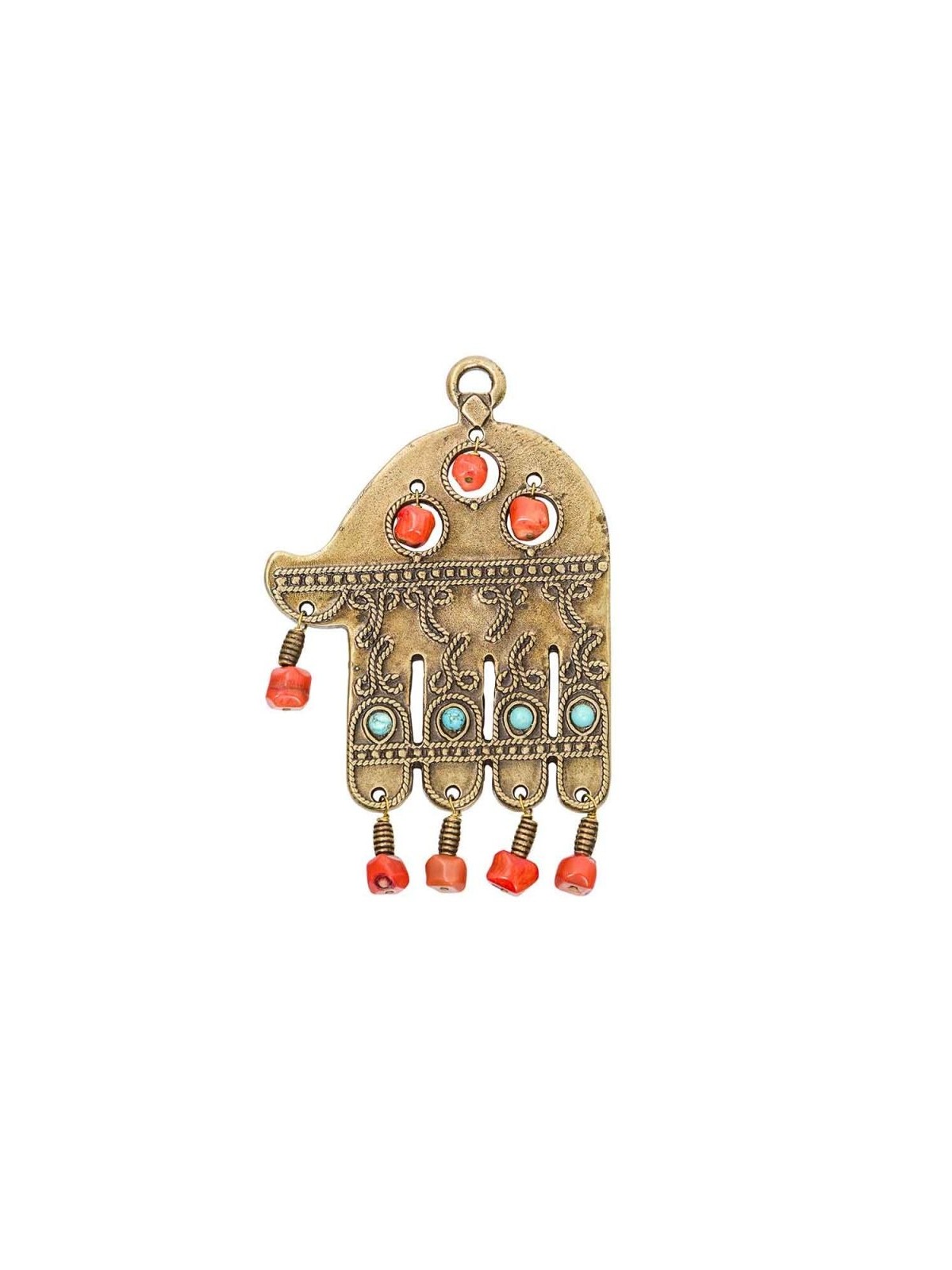 Mur en laiton antique Bonne chance Hamsa avec perles colorées... | Hamsa en métal