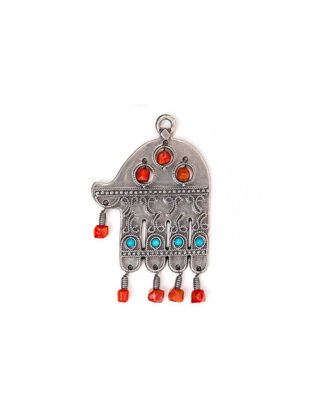 Hamsa murale antique plaquée argent avec perles colorées... | Hamsa en métal