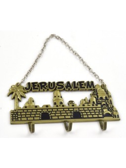Porte-clés mural avec chaîne Paysage de Jérusalem Or et Noir | Horloges