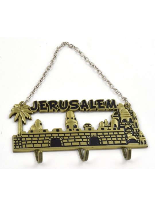 Porte-clés mural avec chaîne Paysage de Jérusalem Or et Noir | Horloges