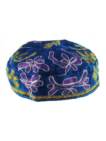 Kippa brodée à la main buchariane bleue | Kippa Buchari