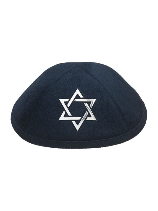 Kippa en daim bleu marine avec étoile brodée argentée... | Kippa en daim