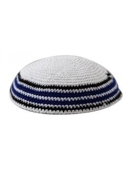 White Knitted Kippah with Blue and Black Border St... | Knitted Kippah