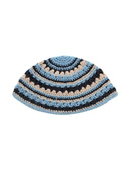 Frik Kippah %96 Thick Crocheted Weave of Beige Blue a... | Frik Kippah