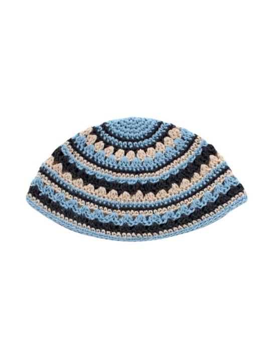 Frik Kippah %96 Thick Crocheted Weave of Beige Blue a... | Frik Kippah