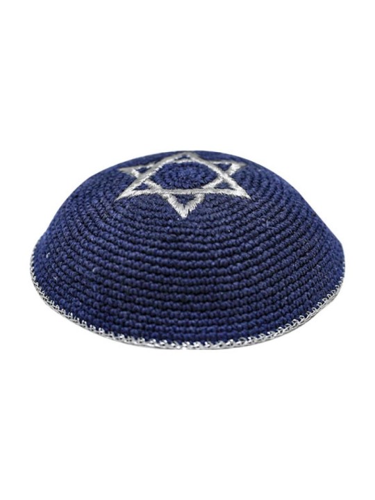 כיפה סרוגה כחולה עם מגן דוד כסף | כיפה סרוגה