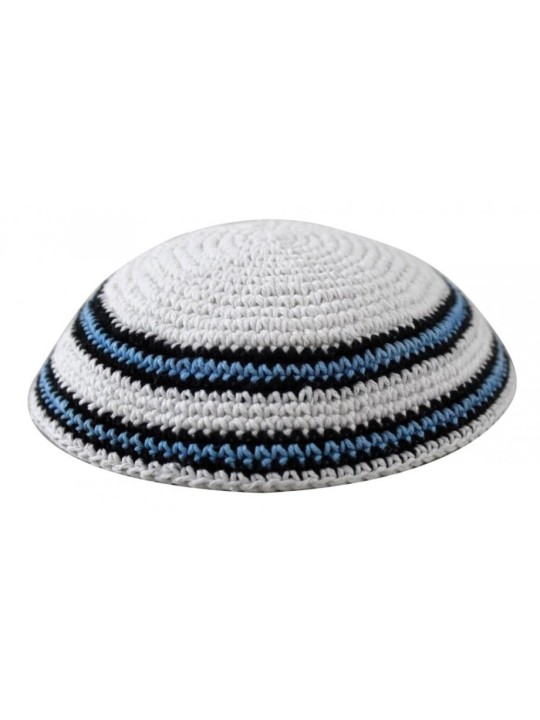 White Knitted Kippah with Blue Black and White Bor... | Knitted Kippah