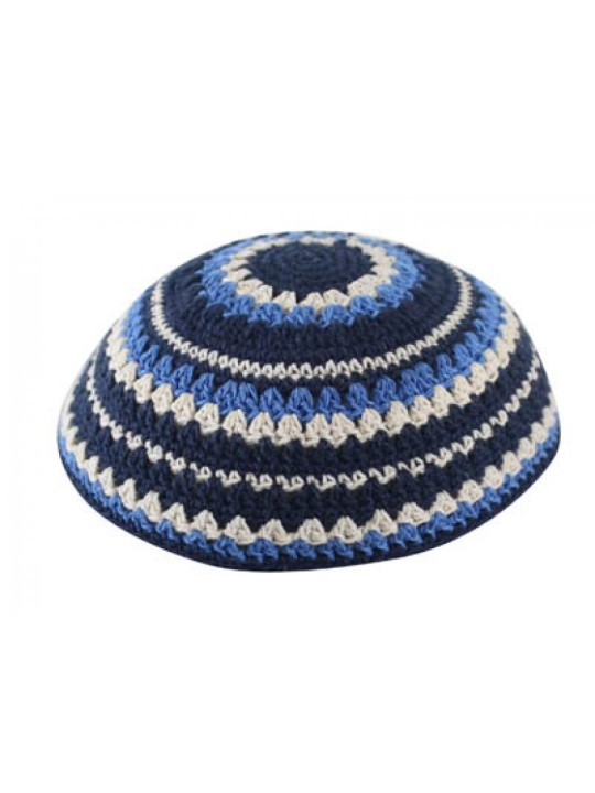 Kippa tricotée avec rayures bleu clair et beige | Kippa tricotée