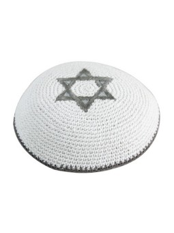 Kippa tricotée blanche avec étoile de David argentée | Kippa tricotée