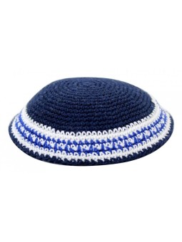 Kippa tricotée bleue avec rayures bleues et blanches | Kippa tricotée
