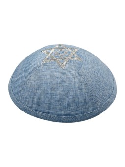 Blue Linen Fabric Kippah Yarmulke with Silver Double... | Linen Kippah