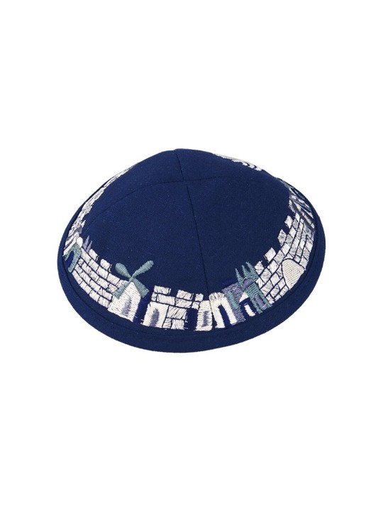 Kippa en tissu bleu avec clip attaché et broderie... | Kippa en tissu