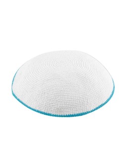 White DMC Knitted Kippah with Thin Light Blue Bord... | Knitted Kippah