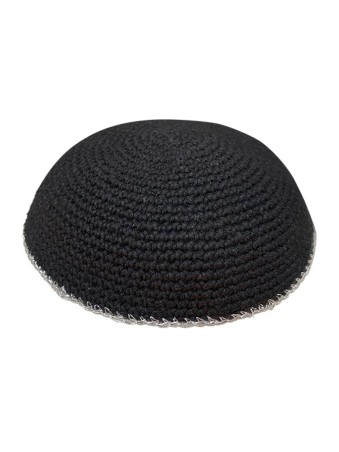Black Knitted Kippah Srugah with Silver Border Cho... | Knitted Kippah