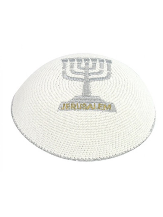 Kippa tricotée Silver Gold Menorah Jérusalem | Kippa tricotée