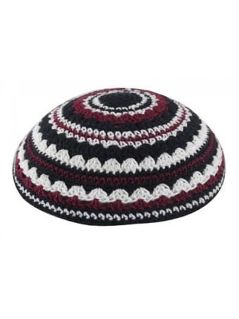 Knitted Kippah with Black White and Maroon Stripes... | Knitted Kippah