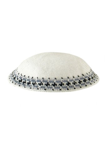White Knitted DMC Kippah Gray Blue Black Rim | Knitted Kippah
