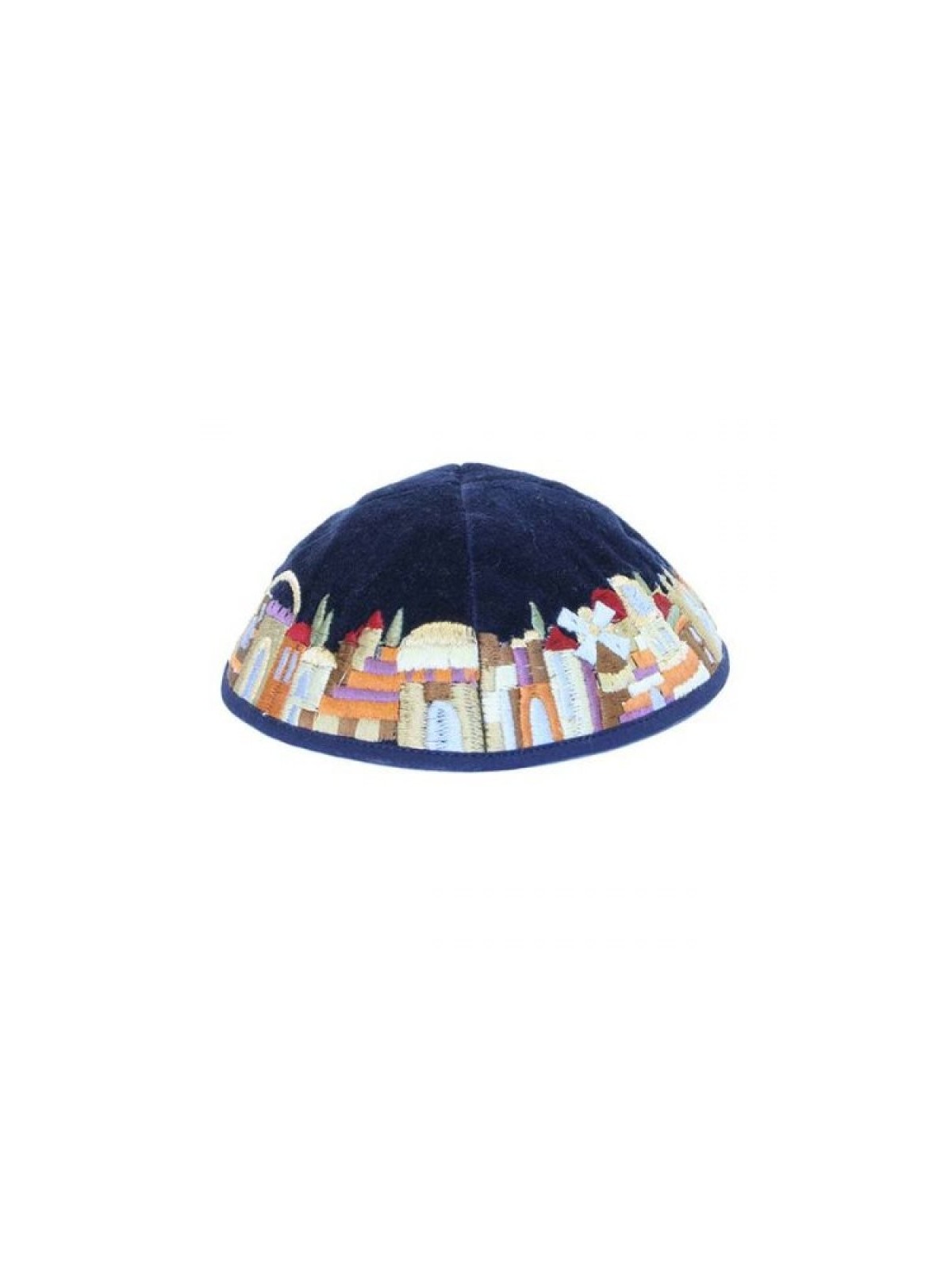 Kippa en velours bleu brodée de Jérusalem par Yair Emanuel... | Kippa en velours