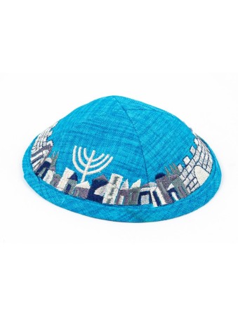 כיפה מבד טורקיז עם קליפס ורקמה מחוברת... | כיפה בד