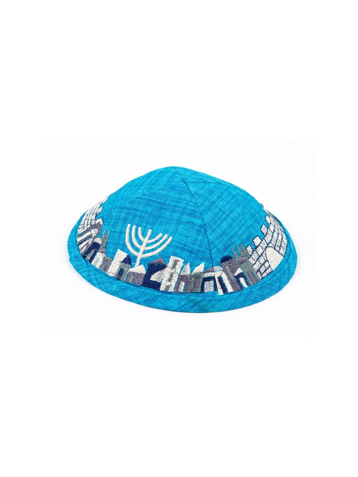 כיפה מבד טורקיז עם קליפס ורקמה מחוברת... | כיפה בד