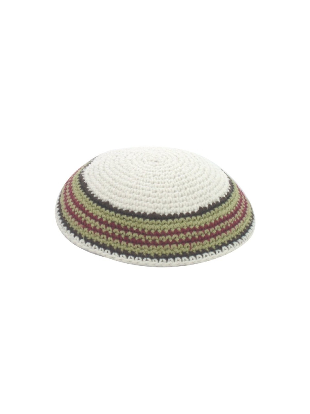 Kippa tricotée blanche avec bordure verte et marron... | Kippa tricotée