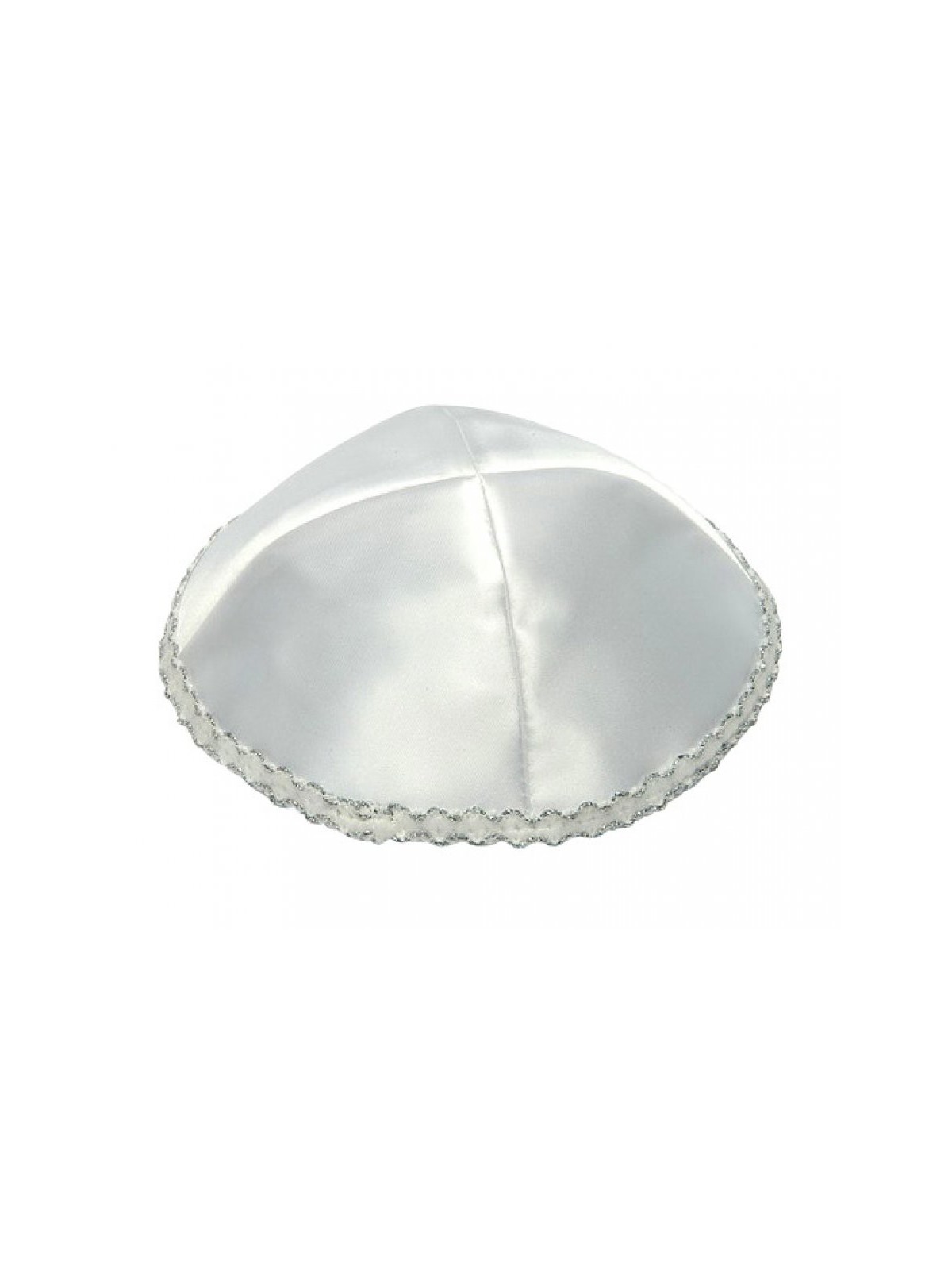 Kippa en satin blanc avec bordure argentée ondulée sur le bord | Kippa en satin