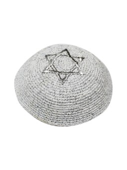 Silver Knitted Kippah with Embroidered Silver Star... | Knitted Kippah