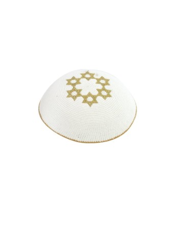Kippa tricotée blanche avec étoiles dorées brodées sur... | Kippa tricotée