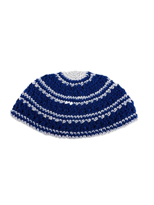 Frik Kipah Tissage épais au crochet de pierres bleues et blanches... | Frik Kippa
