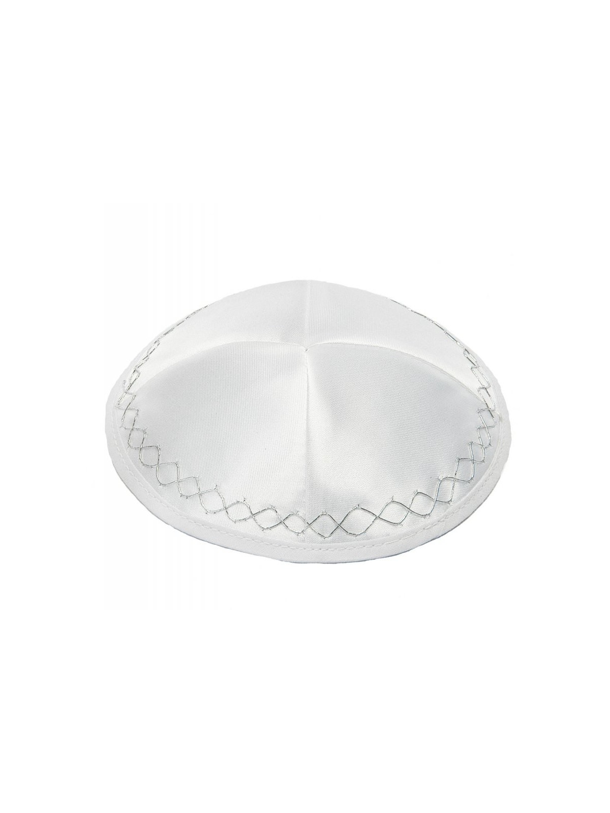 White Satin Kippah With Silver Geometric Border Design | Satin Kippah