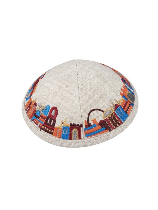 Kippa en tissu beige avec Jérusalem colorée brodée... | Kippa en tissu