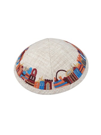 Beige Fabric Kippah with Embroidered Colorful Jerusa... | Cloth Kippah