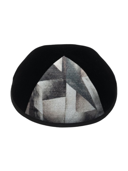 Kippa en velours noir avec panneau de conception géométrique | Kippa en velours