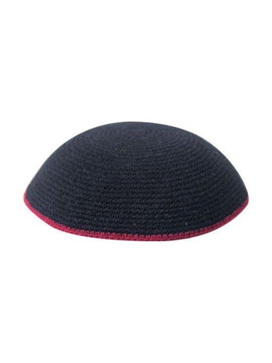 Black DMC Knitted Kippah with Thin Red Border Stripe | Knitted Kippah