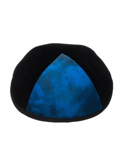 Black Velvet Kippah with Blue Design Panel | Velvet Kippah