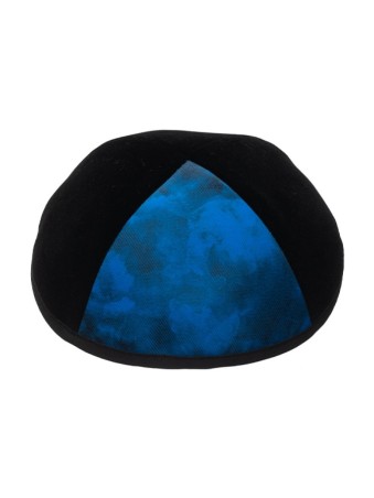 Kippa en velours noir avec panneau design bleu | Kippa en velours